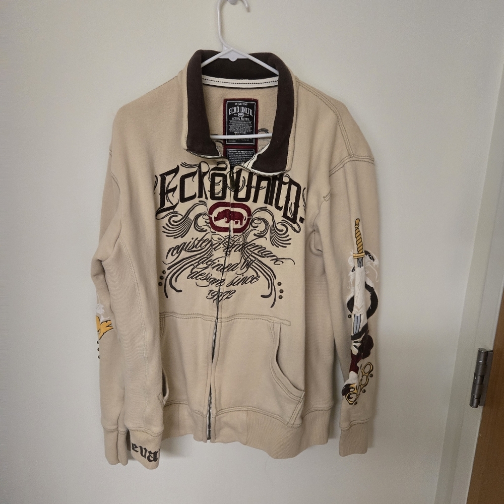 ECKO Unltd Hoodie Vintage Patches Jacket Zip Up Embroidery Size XL